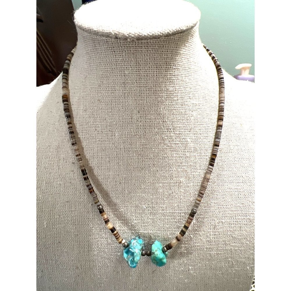 Artisan Turquoise And Silver Bead Choker Necklace -- 15.5"